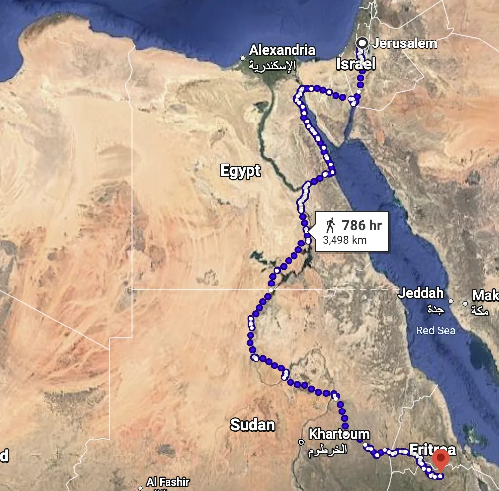 Google says it takes 33 days to walk it, taking the land route